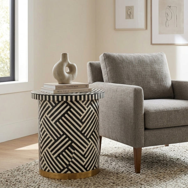 Handmade Bone Inlay Round Side Table | Black White