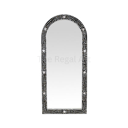 Handmade Bathroom Mirror Frame -Black Mother of Pearl Inlay Arched Floral Design