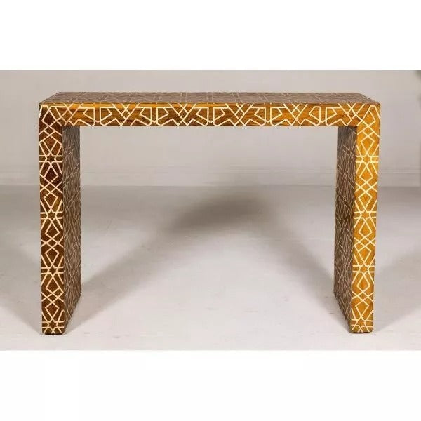 Wooden Console Table, Bone Inlay Furniture Geometric Mango Wood Handmade Home Décor