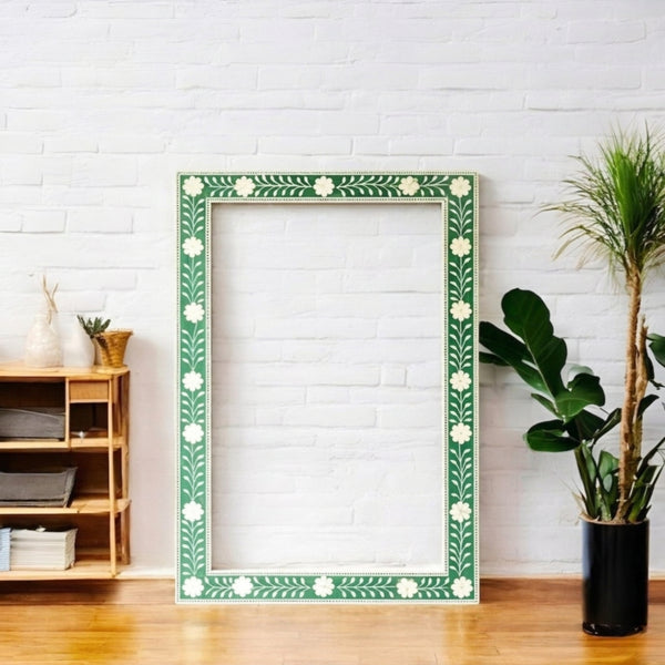 Handmade Green Bone Inlay Mirror – Floral Frame, Boho Home Decor