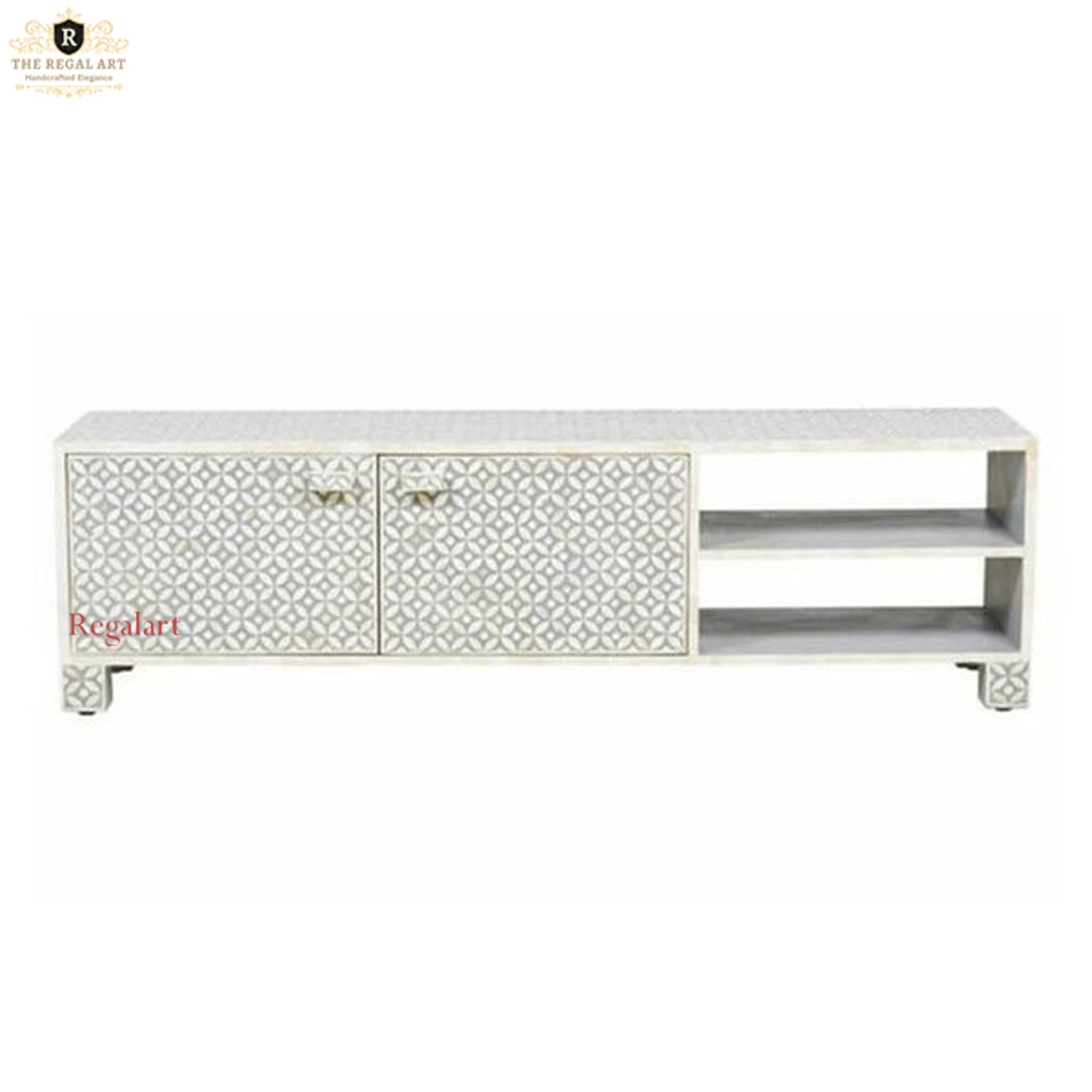 Handmade Bone Inlay TV Unit - Star-Eye Pattern with 2 Doors & 2 Shelves