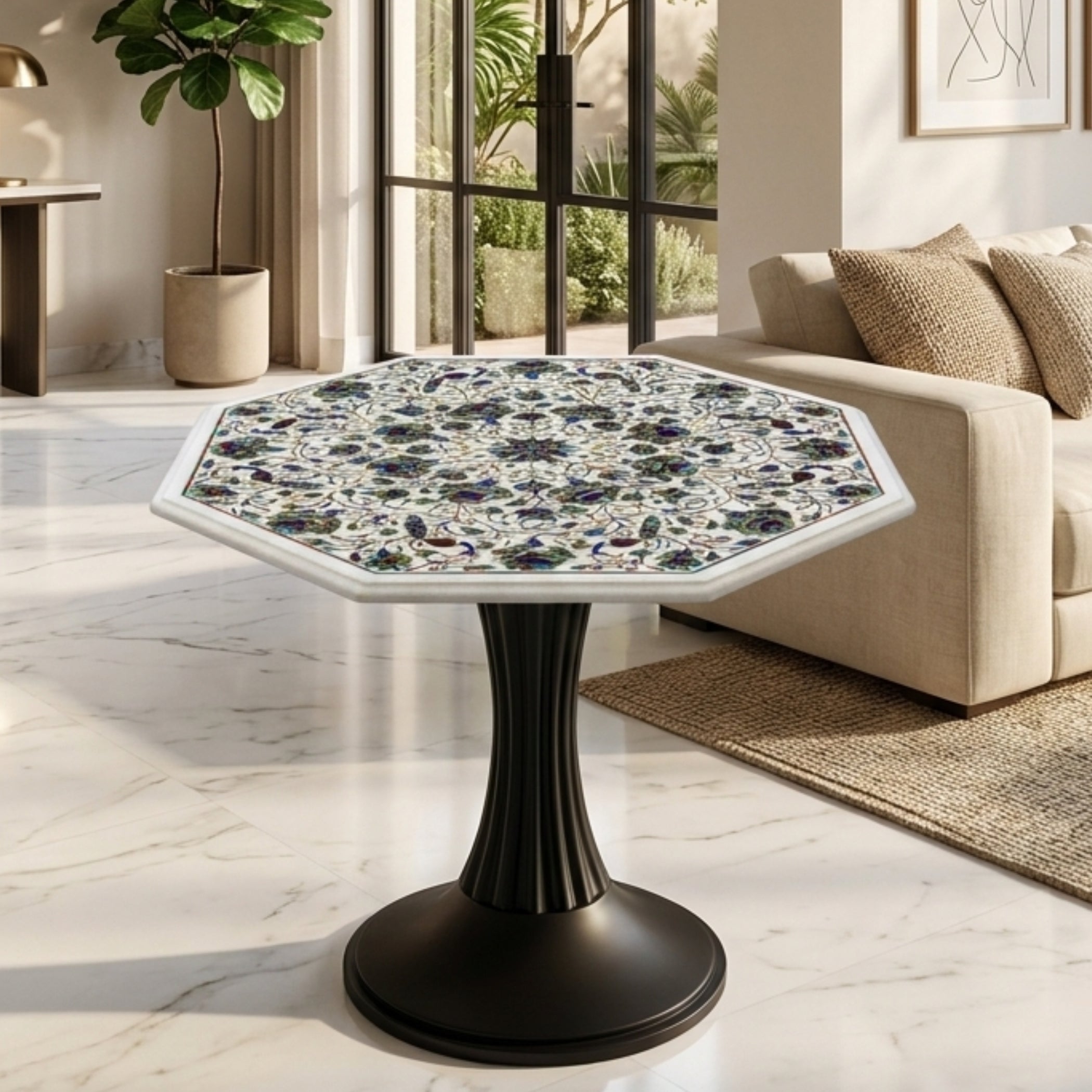 Close-up of a handcrafted white marble octagonal table with intricate floral and peacock Pietra Dura gemstone inlay in a contemporary luxury interior.