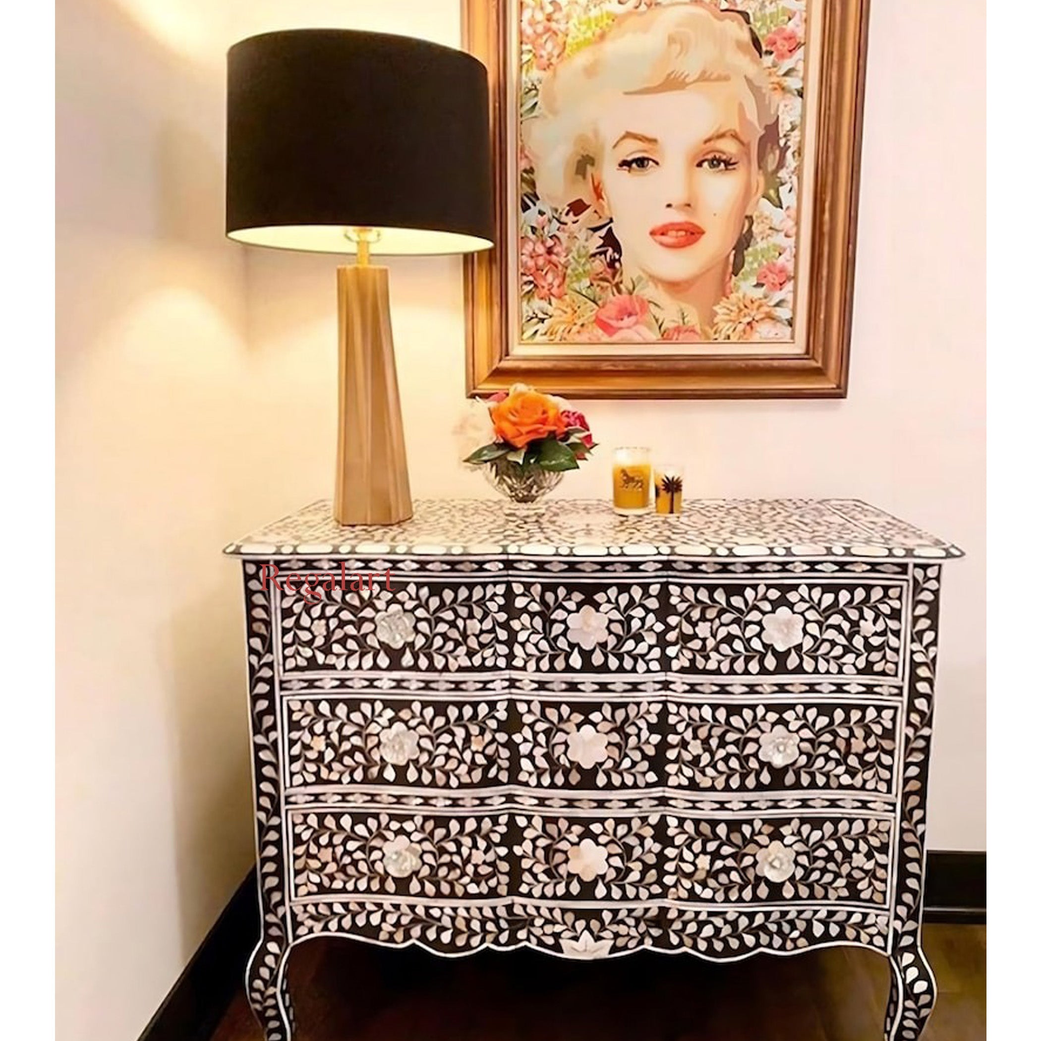 Mother of Pearl Inlay Chest of Drawers - 9-Drawer Floral Design Dresser | Elegant Bedroom Décor