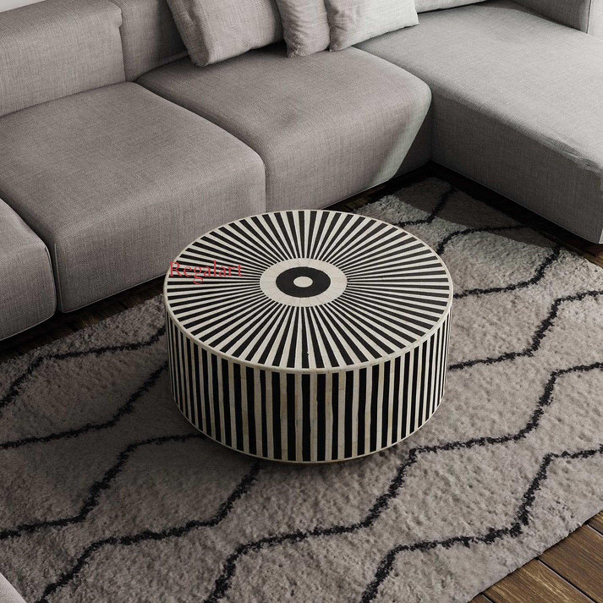 Luxury Striped Bone Inlay Round Coffee Table Decor