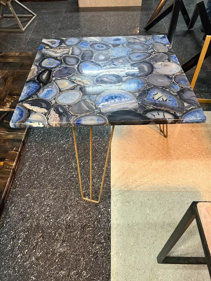 Luxury Blue Agate End Table with Gold Metal Hairpin Legs for Contemporary Home Décor