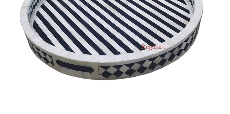 Luxury Bone Inlay Round Tray | Striped Decor Serving