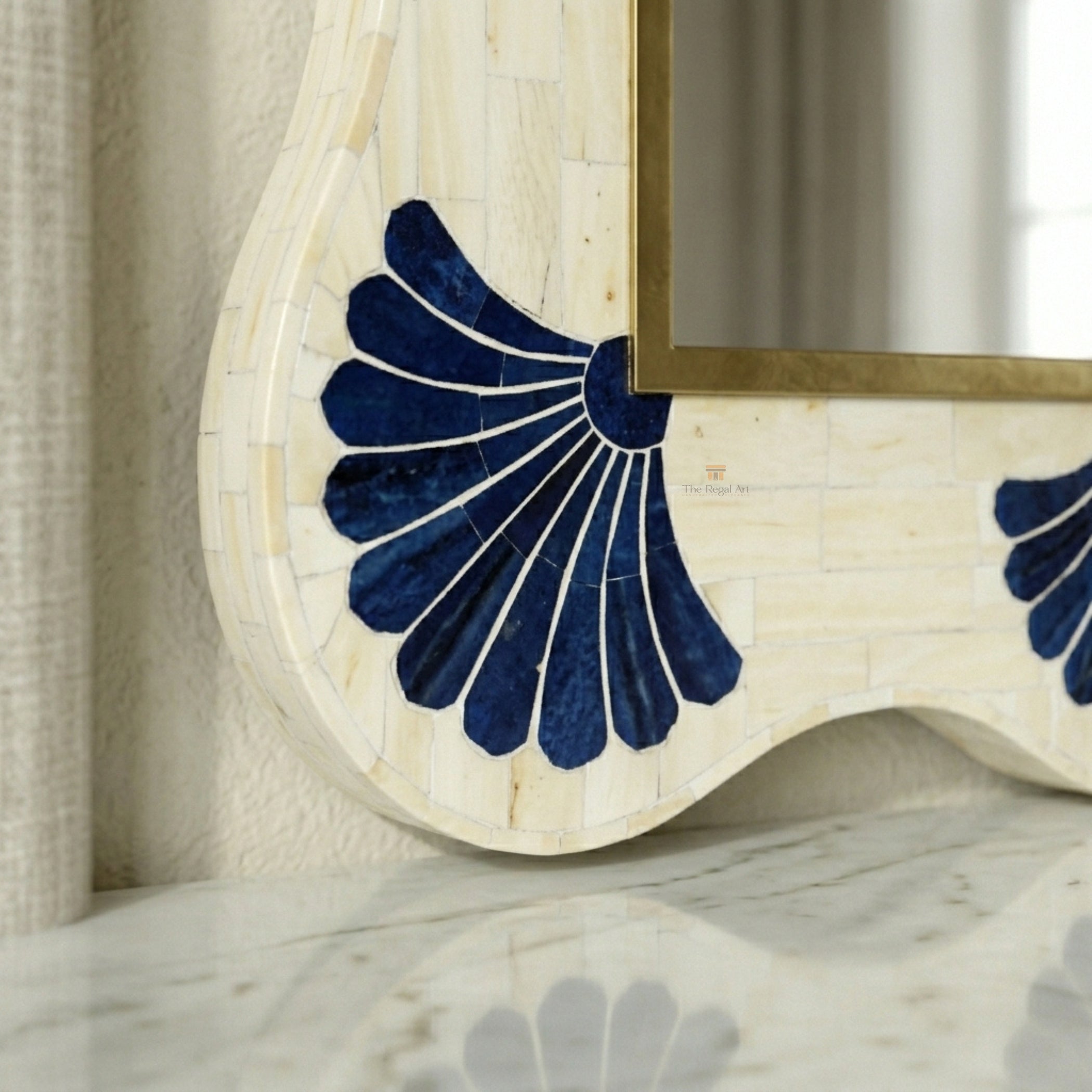 Blue Bone Inlay Scallop Mirror, Handmade Coastal Statement Wall Decor