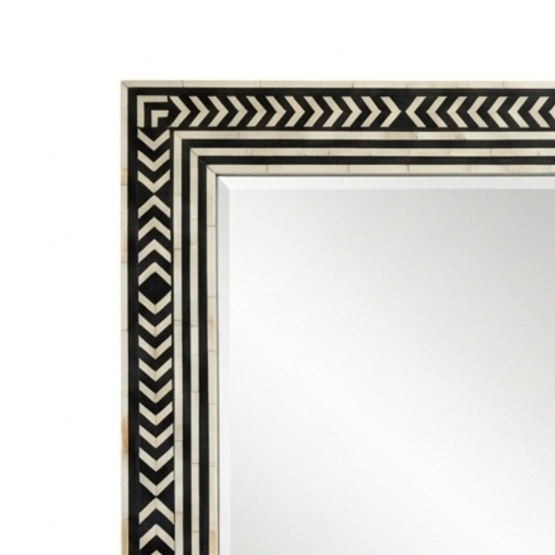 Corner Detail of Handmade Black and White Bone Inlay Chevron Pattern Mirror Frame