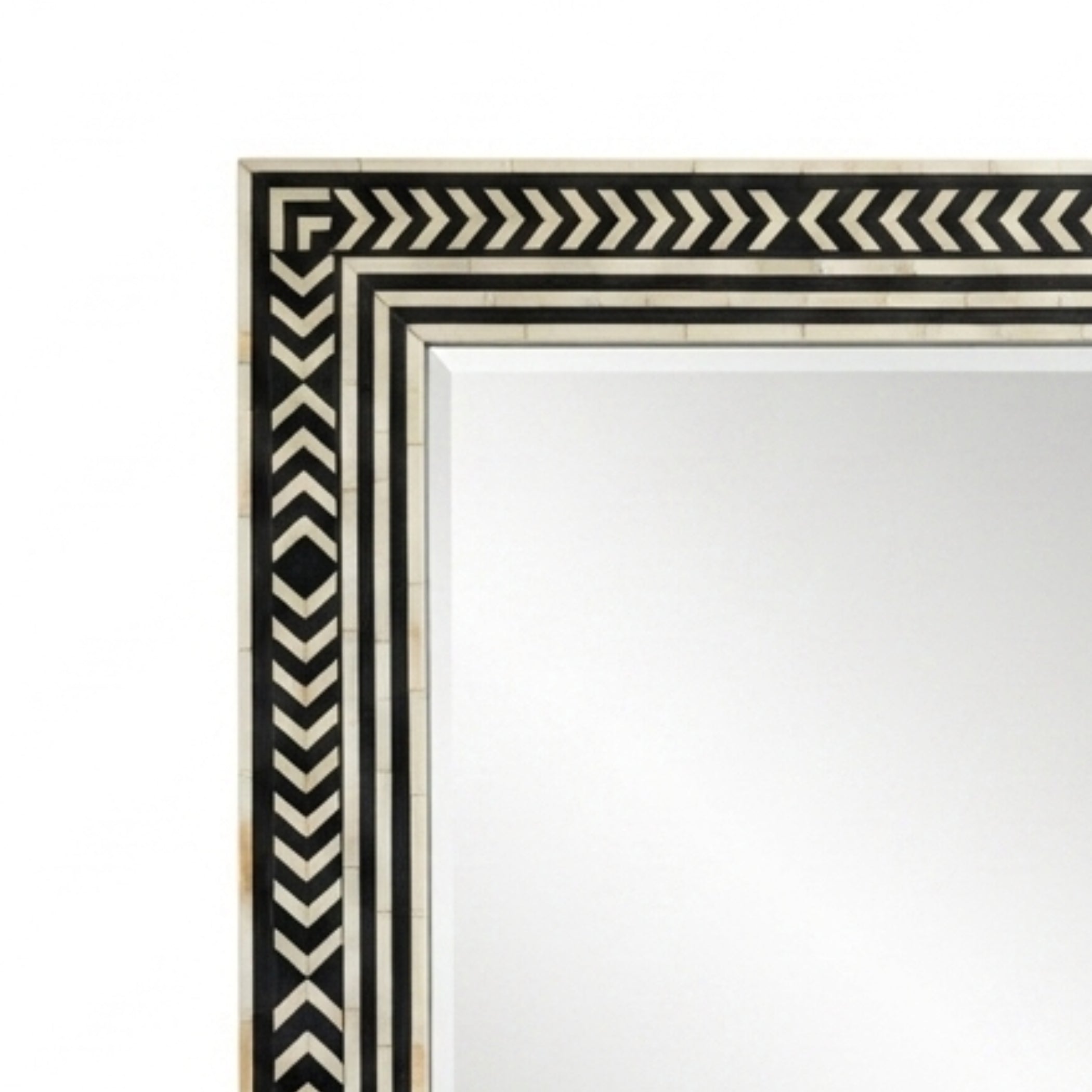 Corner Detail of Handmade Black and White Bone Inlay Chevron Pattern Mirror Frame