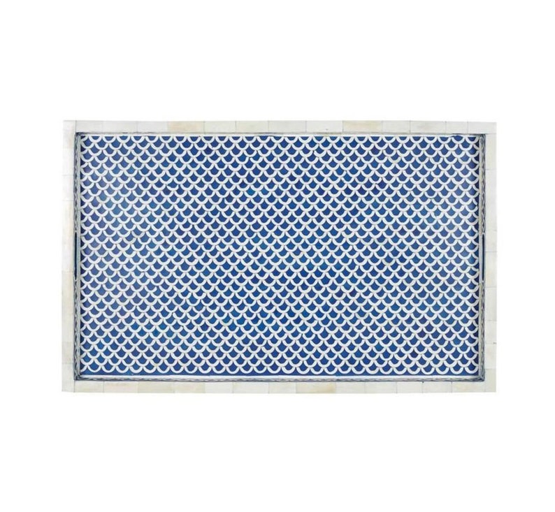Handmade Bone Inlay Serving Tray – Navy Blue Fish Scale Pattern