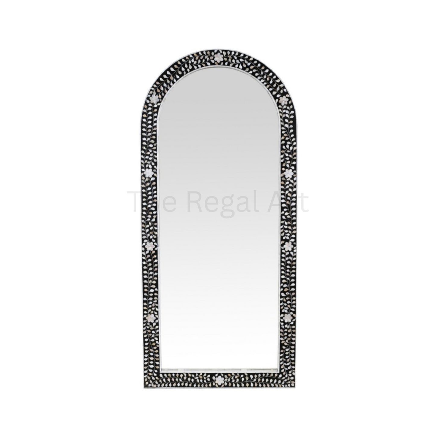 Handmade Bathroom Mirror Frame -Black Mother of Pearl Inlay Arched Floral Design