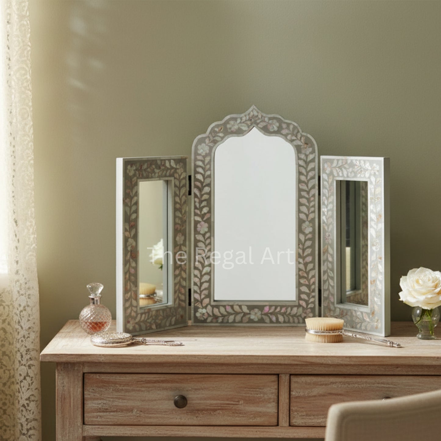 Handmade Mirror Frame – Grey & White Mother Of Pearl Living Room Mirror