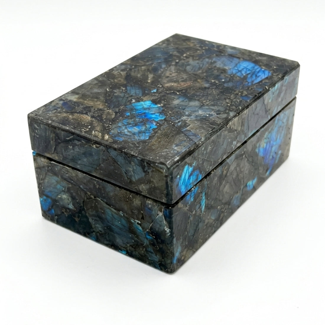 Luxury Labradorite Jewelry Box on marble vanity with designer perfumes, orchids and gold accessories by The Regal Art