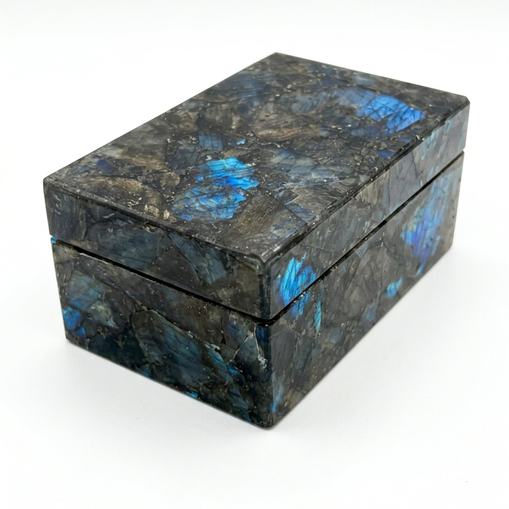 Handmade Labradorite Gemstone Jewelry Box with natural blue iridescent stone pattern isolated on white background by The Regal Art