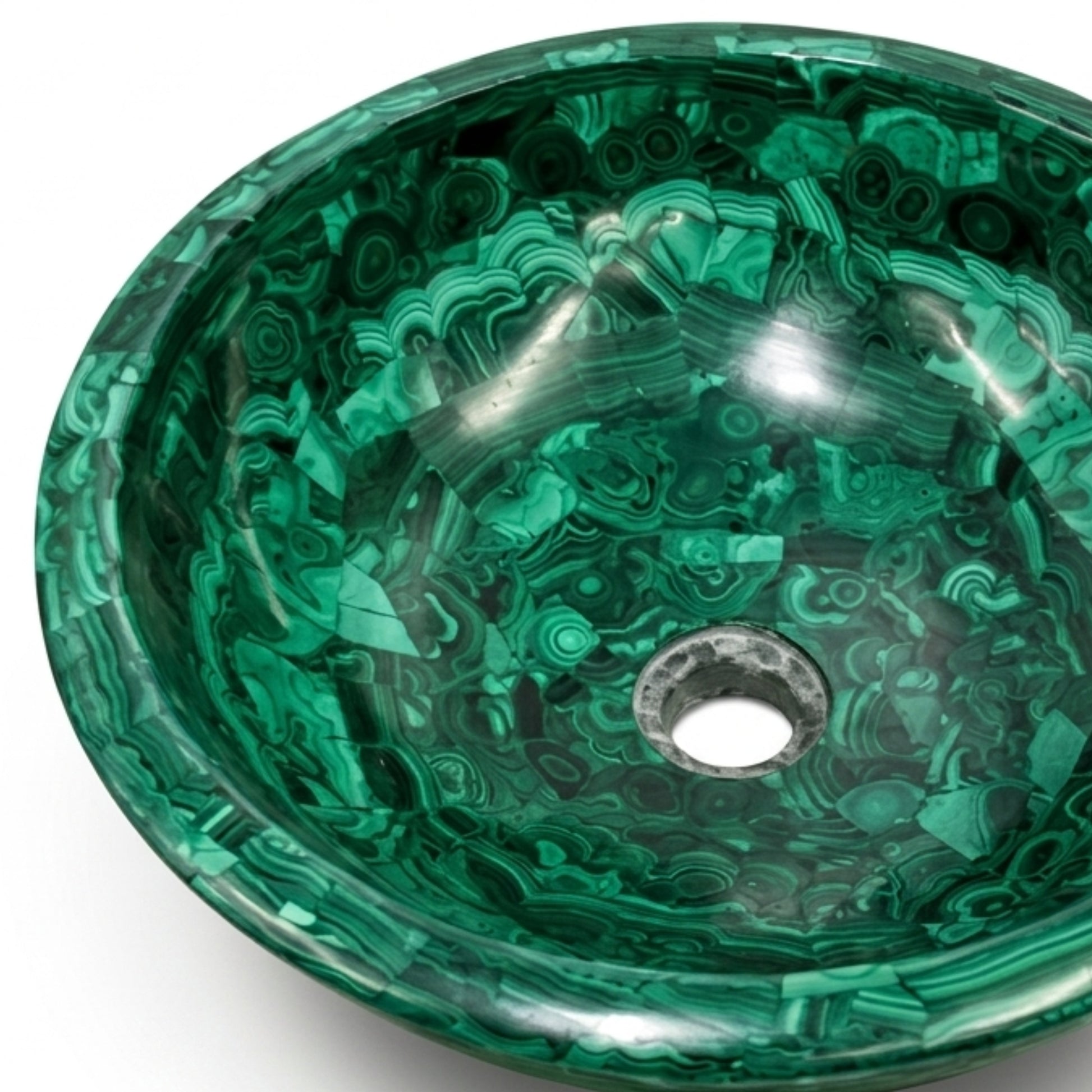 Top view of a handcrafted Malachite gemstone vessel sink featuring a polished glossy finish and unique natural green crystal pattern.