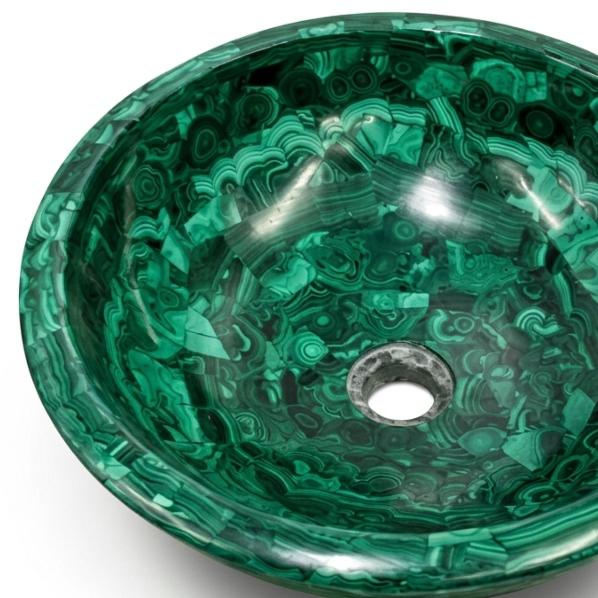 Top view of a handcrafted Malachite gemstone vessel sink featuring a polished glossy finish and unique natural green crystal pattern.