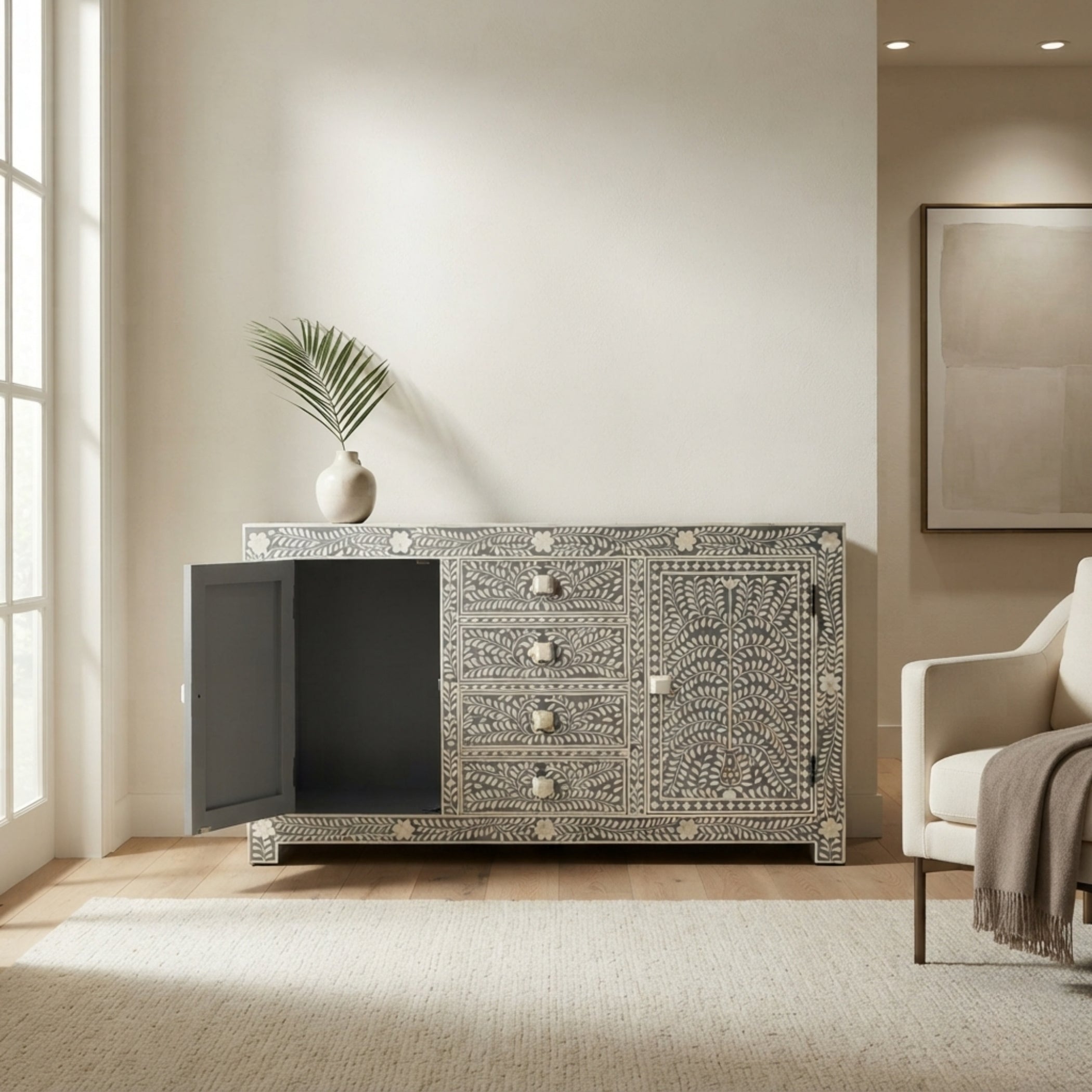 Toulouse Charcoal Grey Bone Inlay Sideboard Cabinet | Handmade Decor
