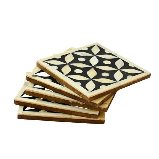 Bone Inlay Geometric Coasters Set - Black Set of 4 with Holder - Unique Home Decor