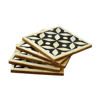 Bone Inlay Geometric Coasters Set - Black Set of 4 with Holder - Unique Home Decor