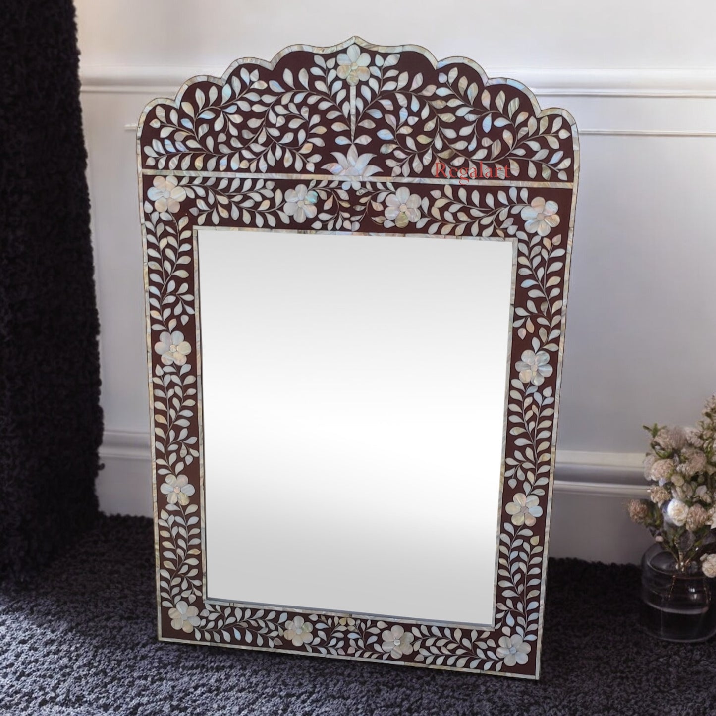 Mother of Pearl Wall Mirror Frame with Floral Pattern Bedroom Home Decor Mirror