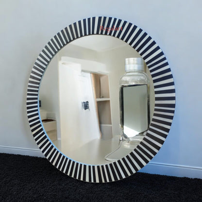 Round Wall Decor Mirror Frame With Bone Inlay Unique Pattern Home Decorative Wall Mirror