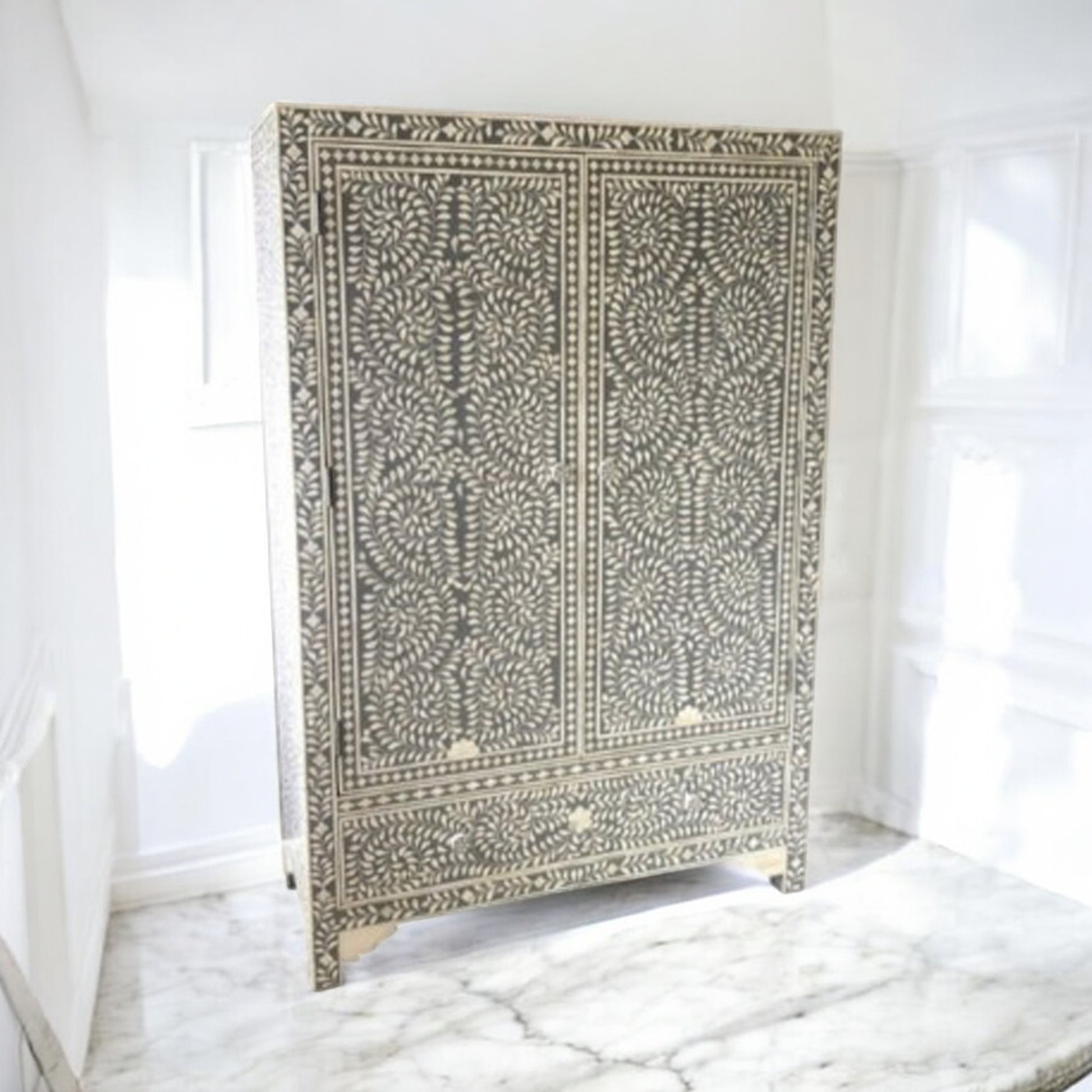 Handmade Bone inlay floral Design Wardrobe/ cupboard/ almirah / cabinet, Bone inlay furniture