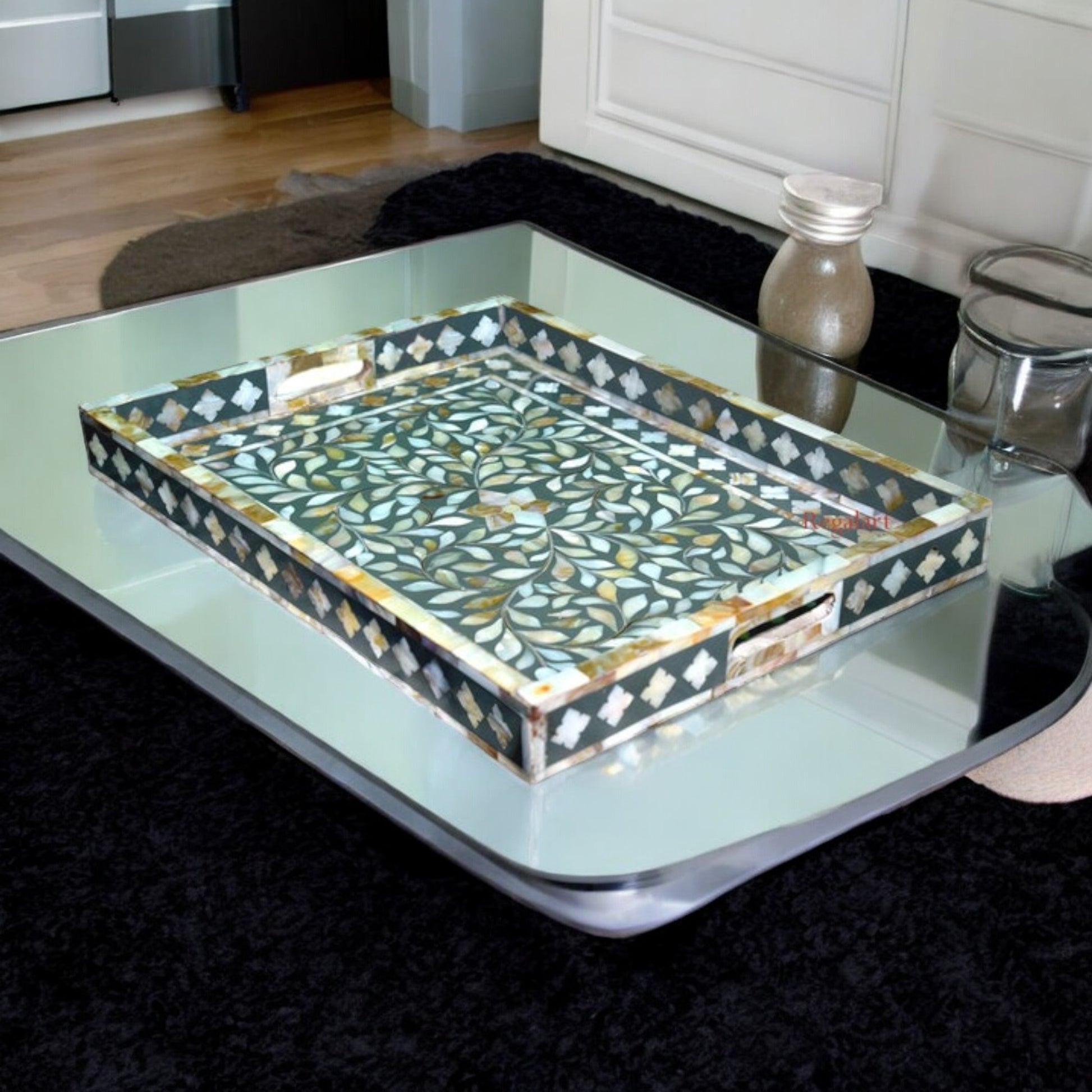 Handmade Mother of Pearl inlay floral design kitchen serving tray coffee decor tray