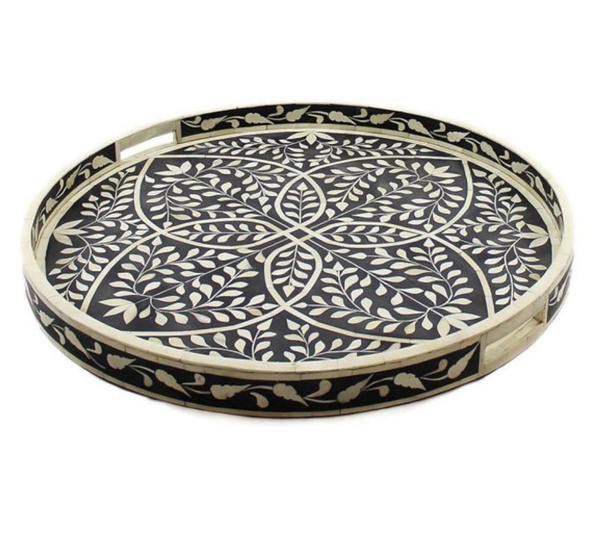 Luxury Floral Pattern Bone Inlay Round Serving Tray Decor