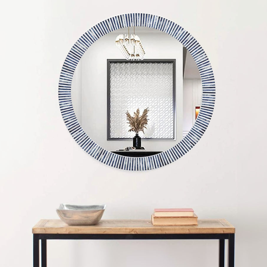 Blue Bone Inlay Striped Design Wall Mirror frame Round Pattern Bathroom end Bedroom Decor Mirror Frame
