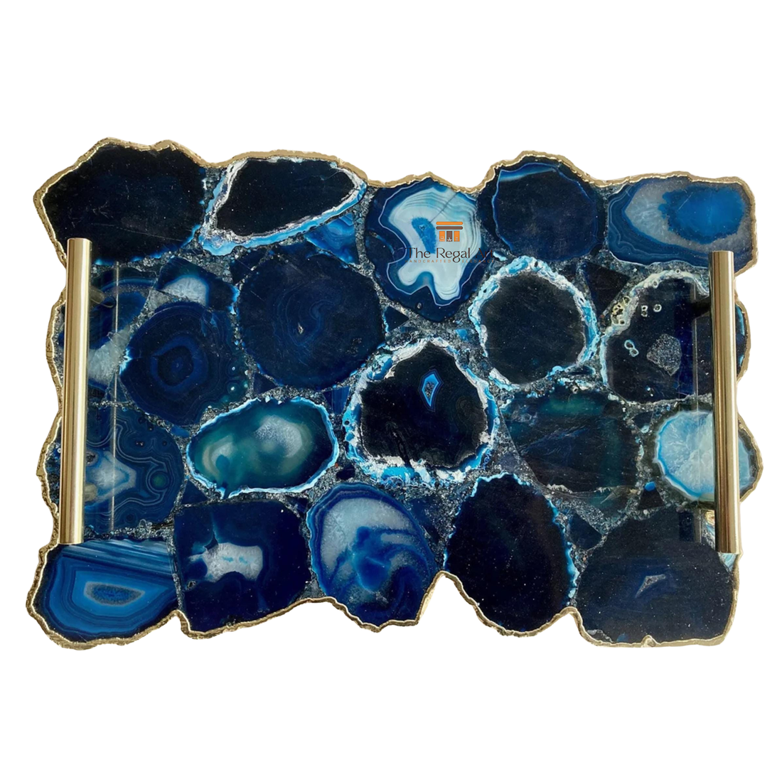 Blue Agate Serving Tray | Luxury Gold Handle Table Decor