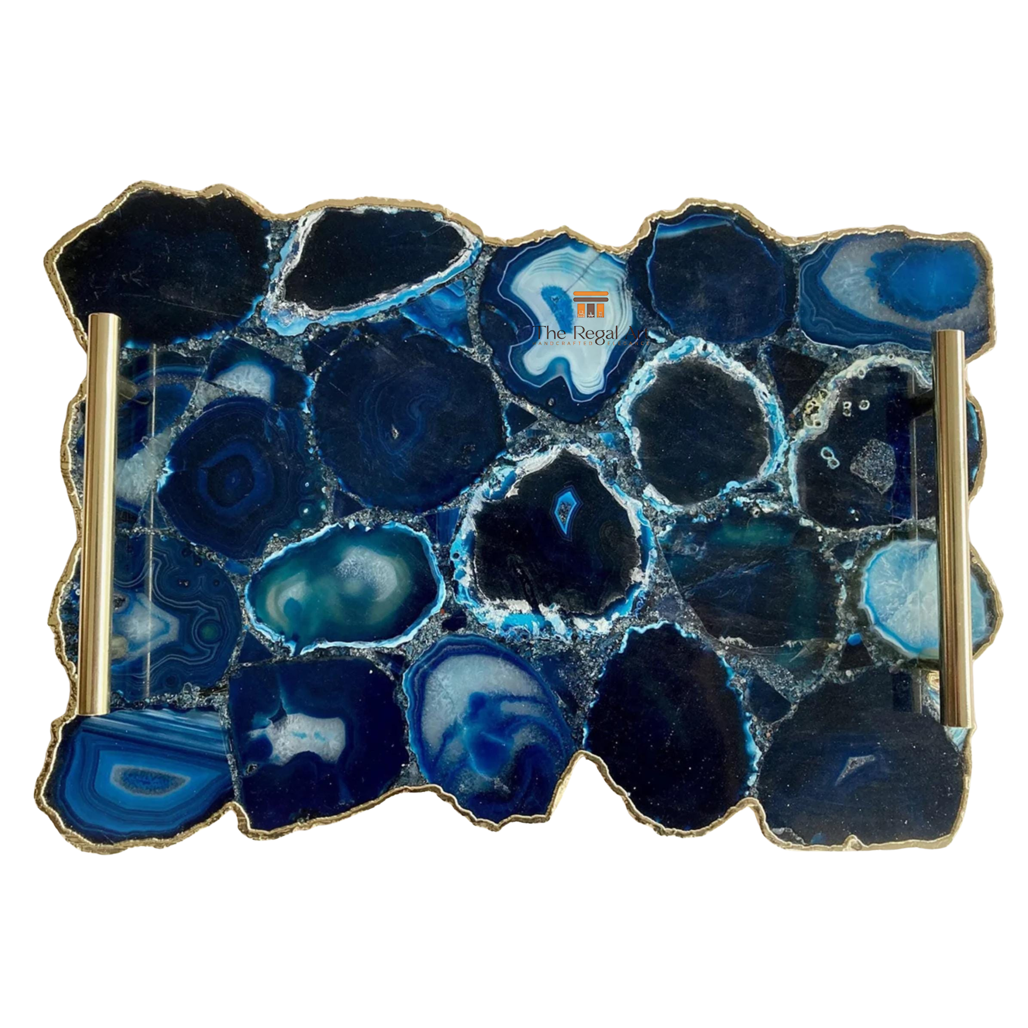 Blue Agate Serving Tray | Luxury Gold Handle Table Decor