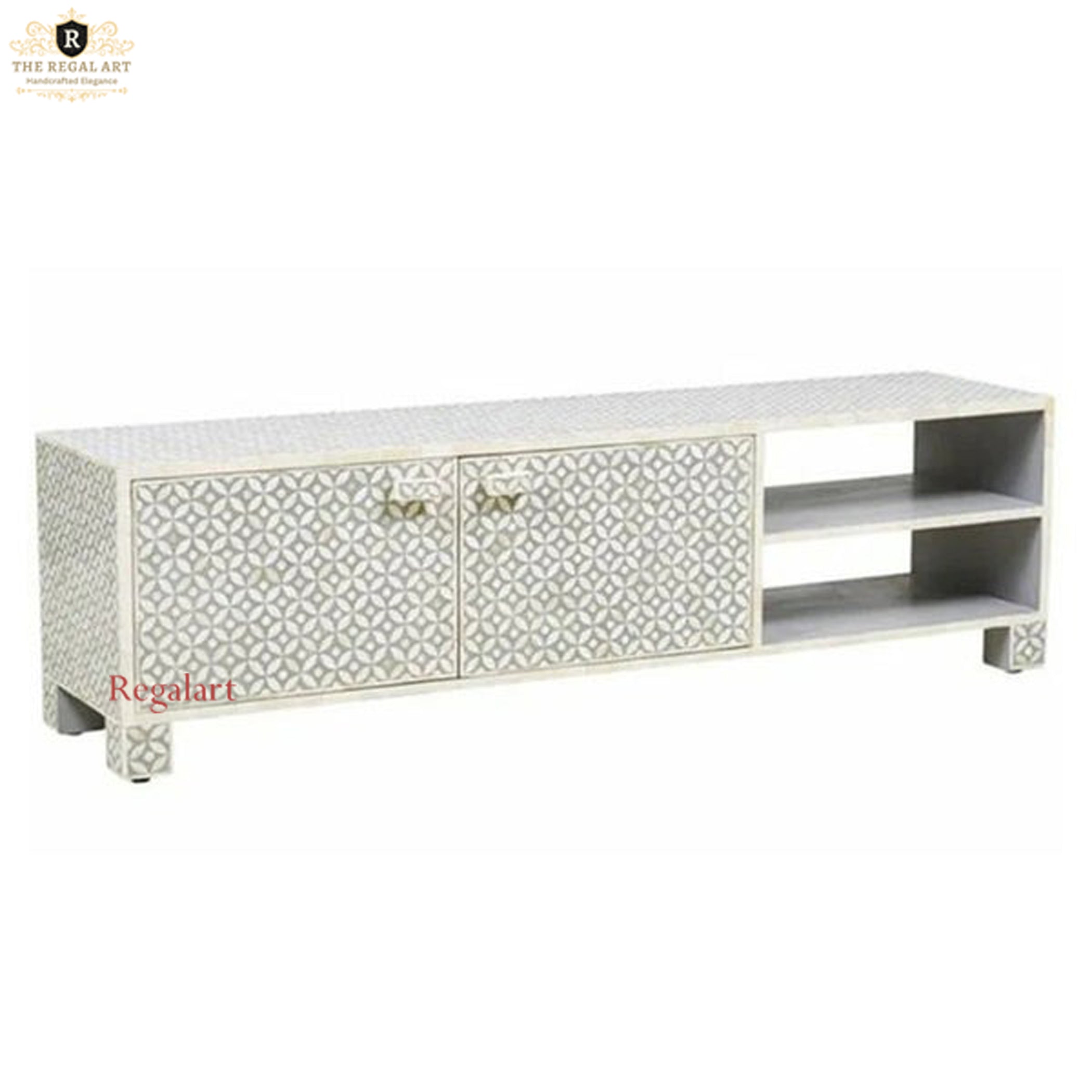 Handmade Bone Inlay TV Unit - Star-Eye Pattern with 2 Doors & 2 Shelves