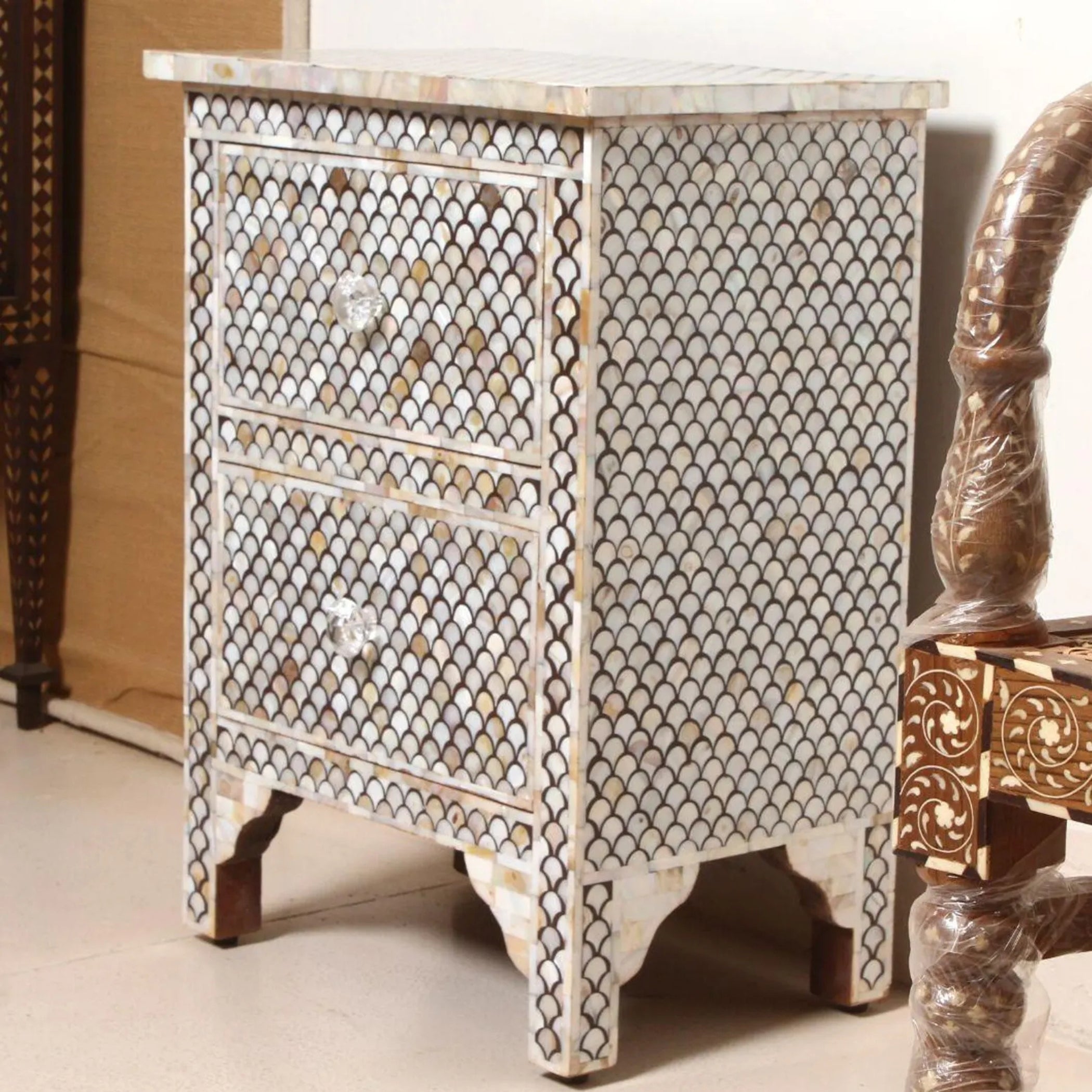 Mother of Pearl Inlay Bedside Table – Handmade Two Drawer Nightstand