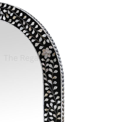 Handmade Bathroom Mirror Frame -Black Mother of Pearl Inlay Arched Floral Design
