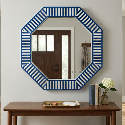 Blue Bone Inlay Octagon Mirror | Striped Coastal Luxury Home Decor