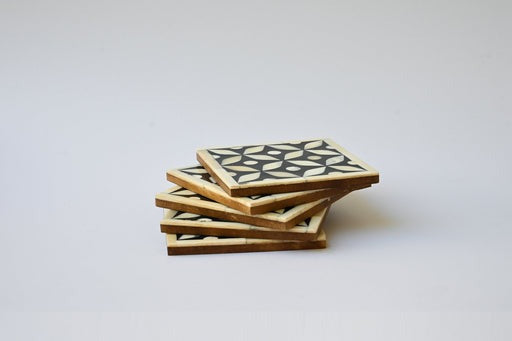 Bone Inlay Geometric Coasters Set - Black Set of 4 with Holder - Unique Home Decor