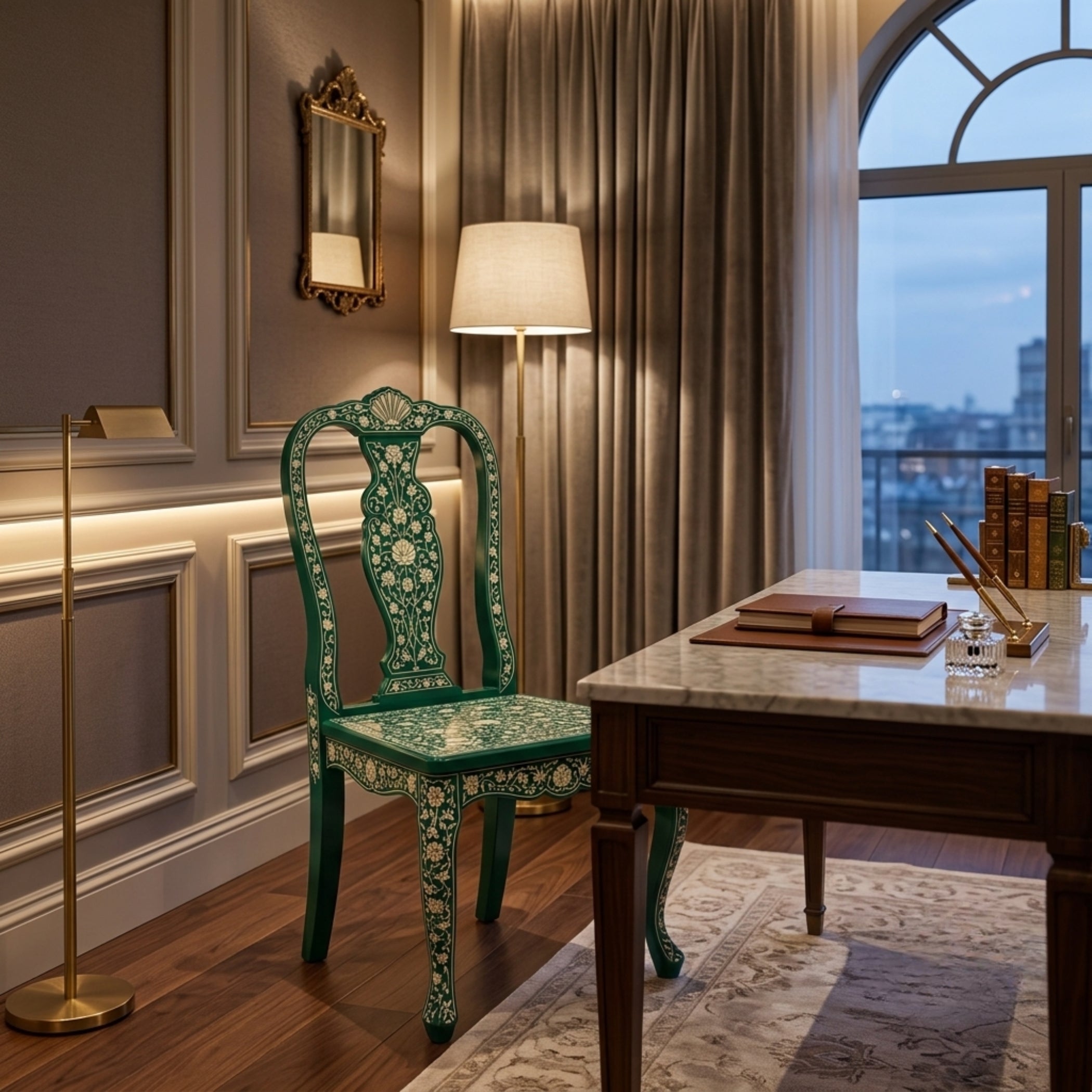Handmade Floral Bone Inlay Chair Green | Luxury Home