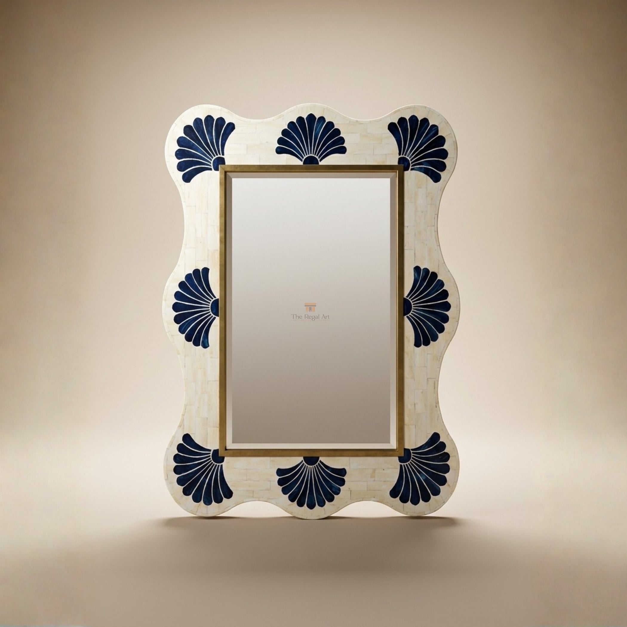 Blue Bone Inlay Scallop Mirror, Handmade Coastal Statement Wall Decor