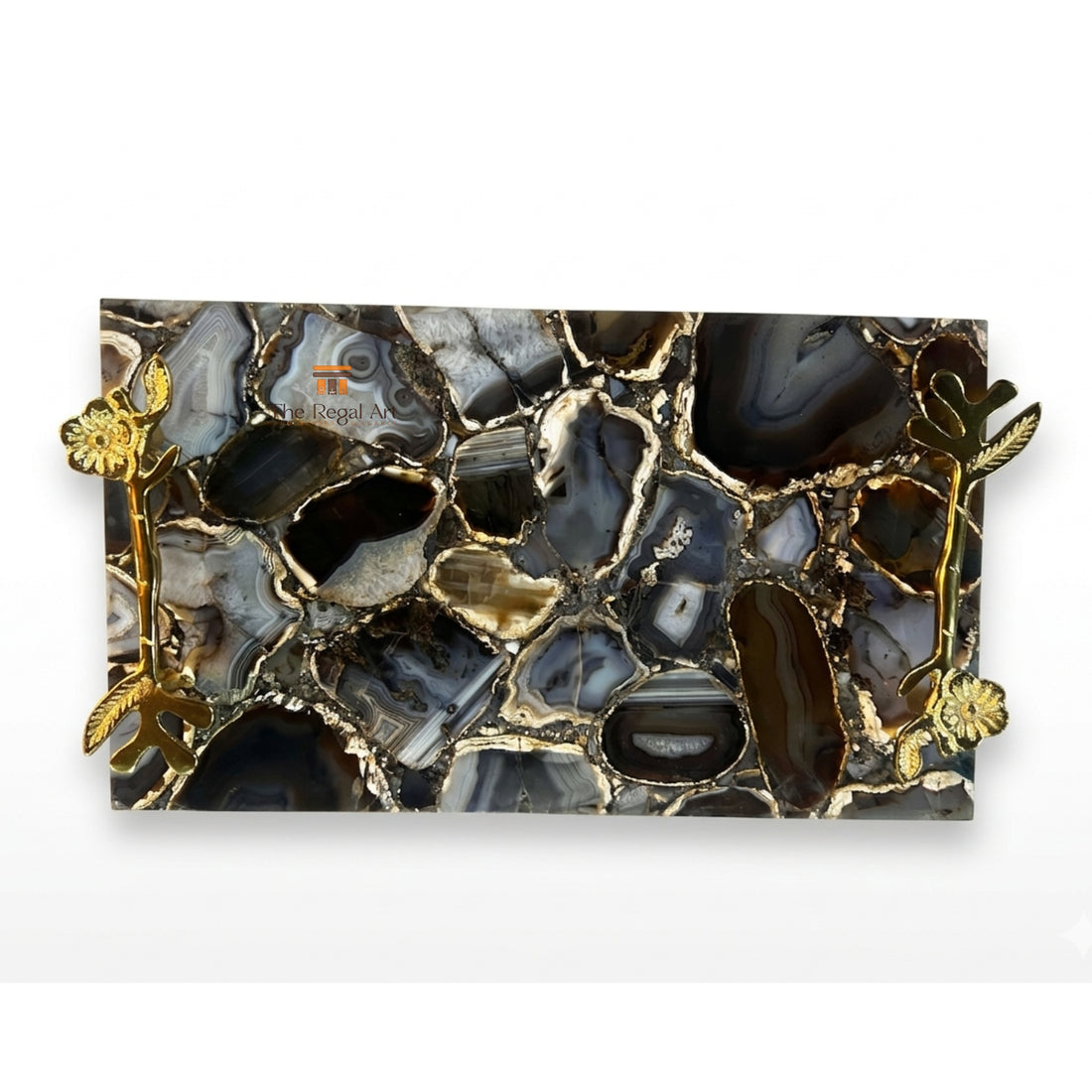 Black Agate Serving Tray | Luxury Gold Handle Table Decor