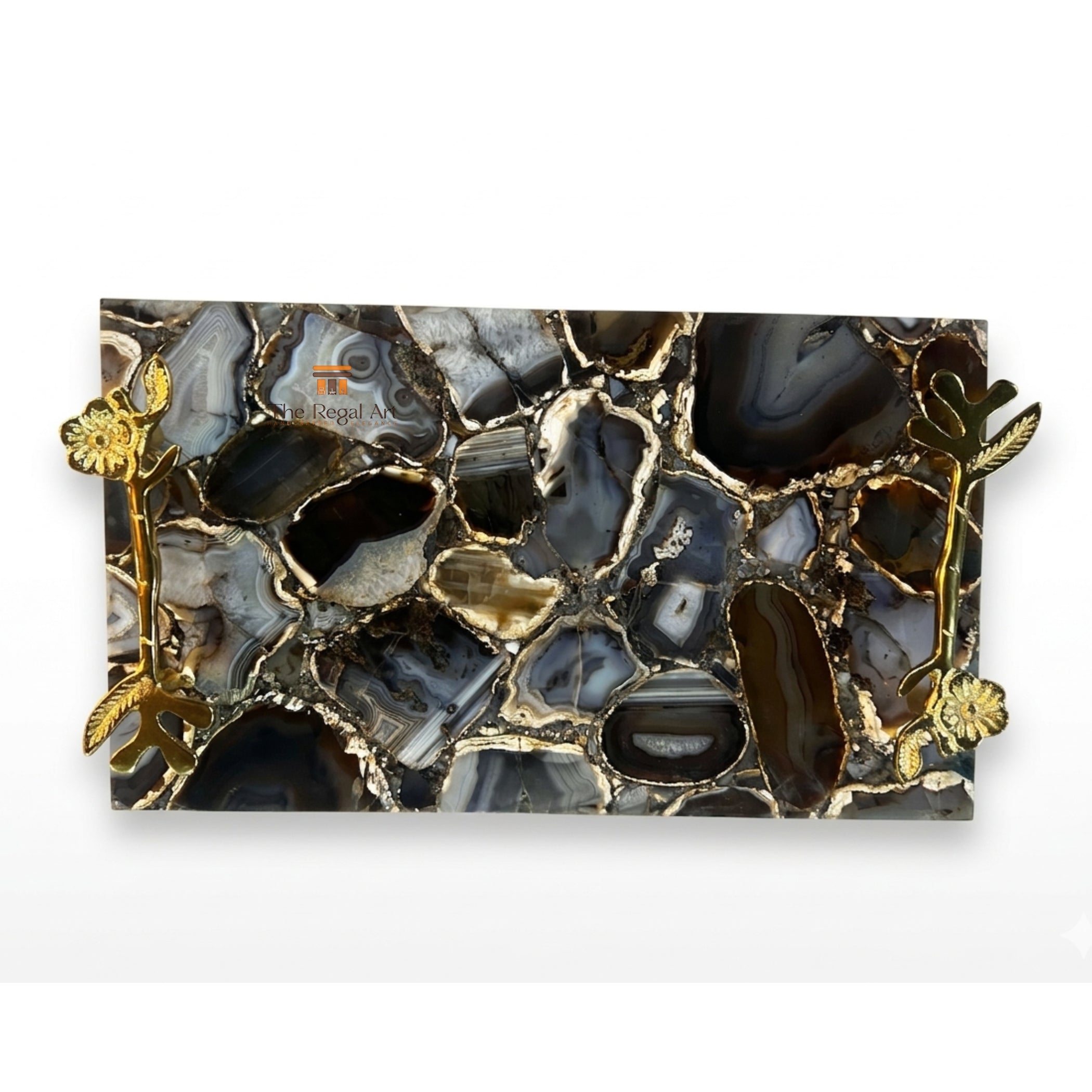 Black Agate Serving Tray | Luxury Gold Handle Table Decor