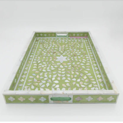 Mother of Pearl inlay Rectangular Tray, Breakfast Serving Tray, Housewarming Present Floral Pattern Tray