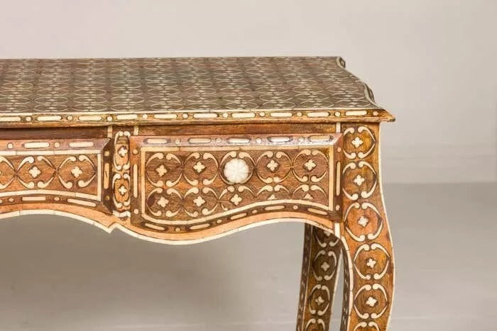 Vintage Console Table Three Drawers Louis XV Style Anglo-Indian Bone Inlay Furni