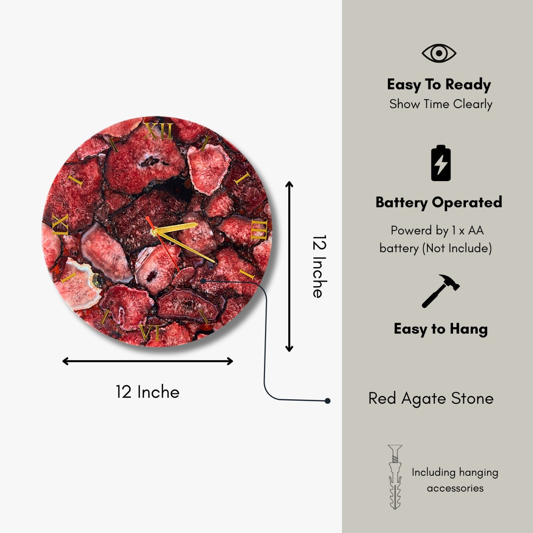 Red Agate Wall Clock: Handmade Gemstone Timepiece - Luxury Decor