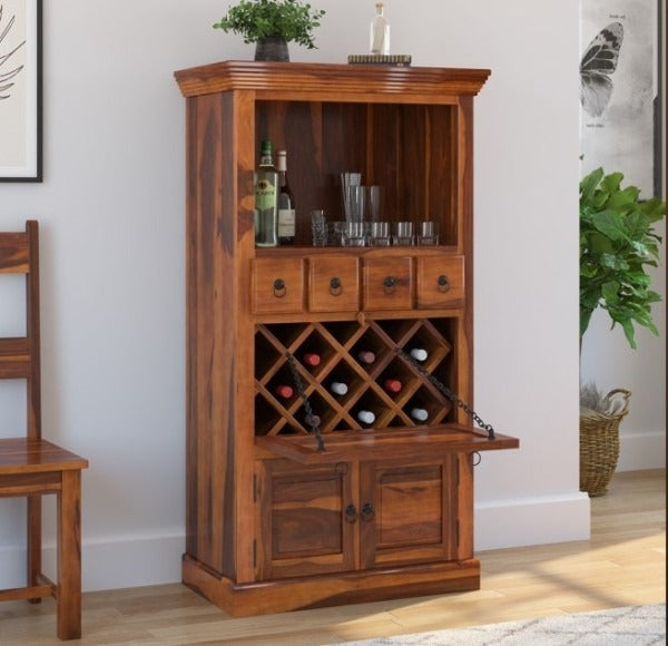 Handmade wine rack table with drawer and door. Rustic, solid, reclaimed wooden furniture.