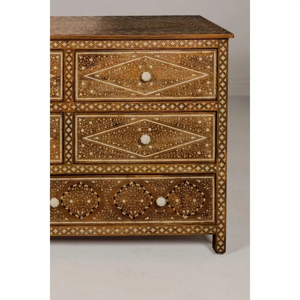 Wooden Chest Of Drawers Mango Anglo-Indian Style Eight Drawers Floral Bone Inlay