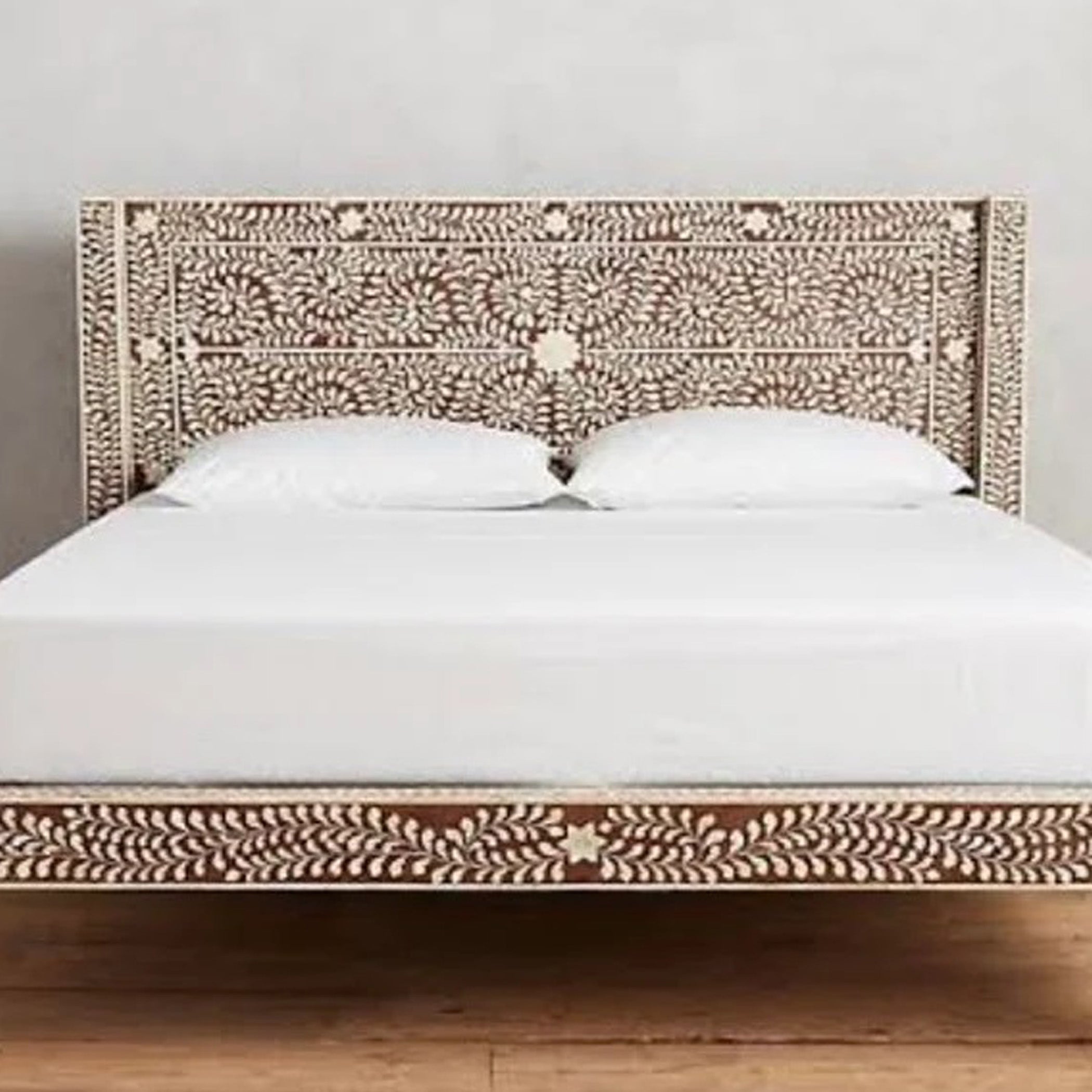 Bone Inlay Bed, Floral Pattern Vintage Look King And Queen Size Bed, Bedroom Décor Personalized