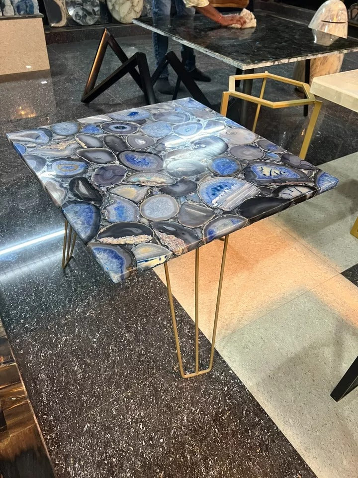 Handmade Blue Agate Gemstone Side Table with Natural Stone Surface and Elegant Gold Base