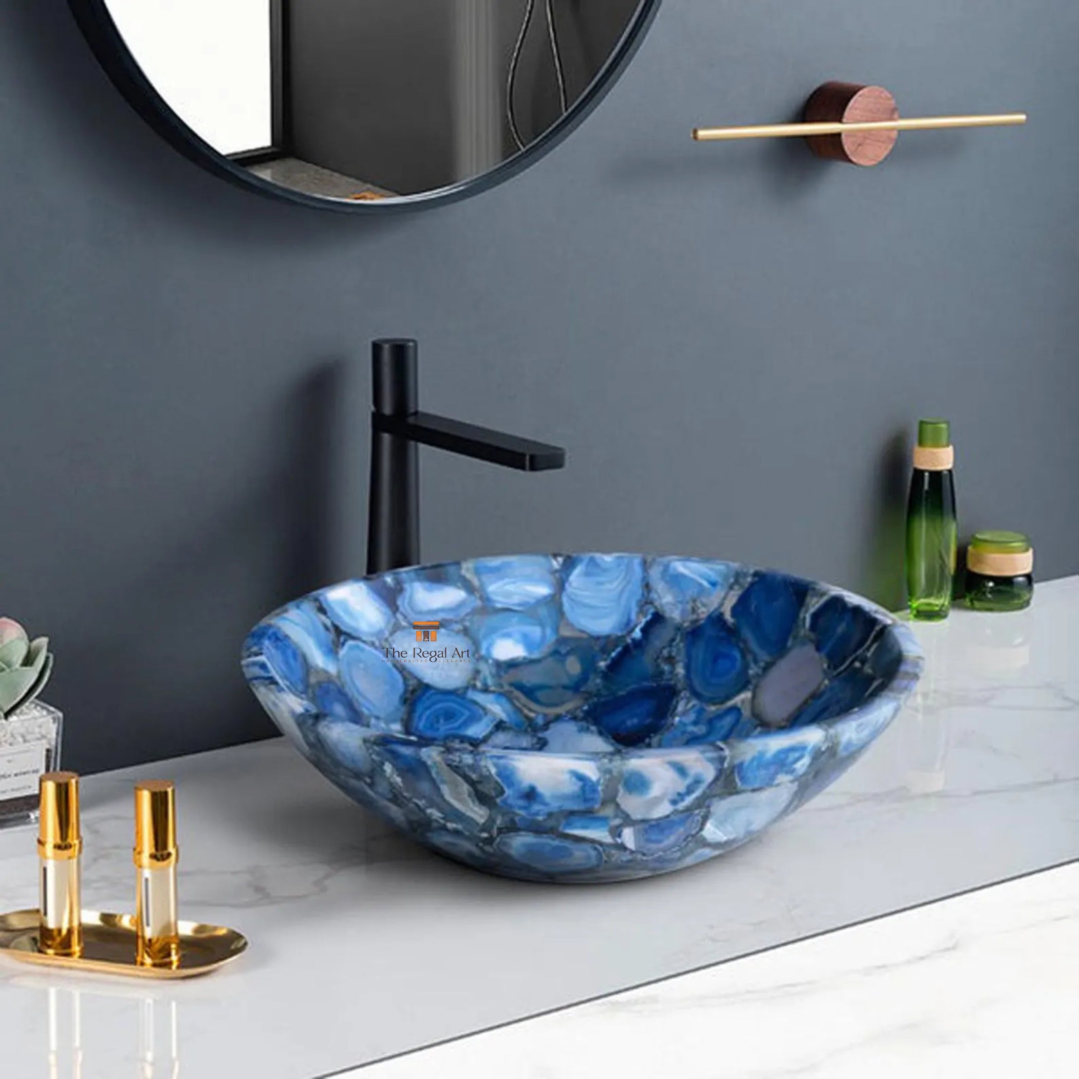Blue Agate Stone Sink | Handmade Luxury Crystal Vessel Basin