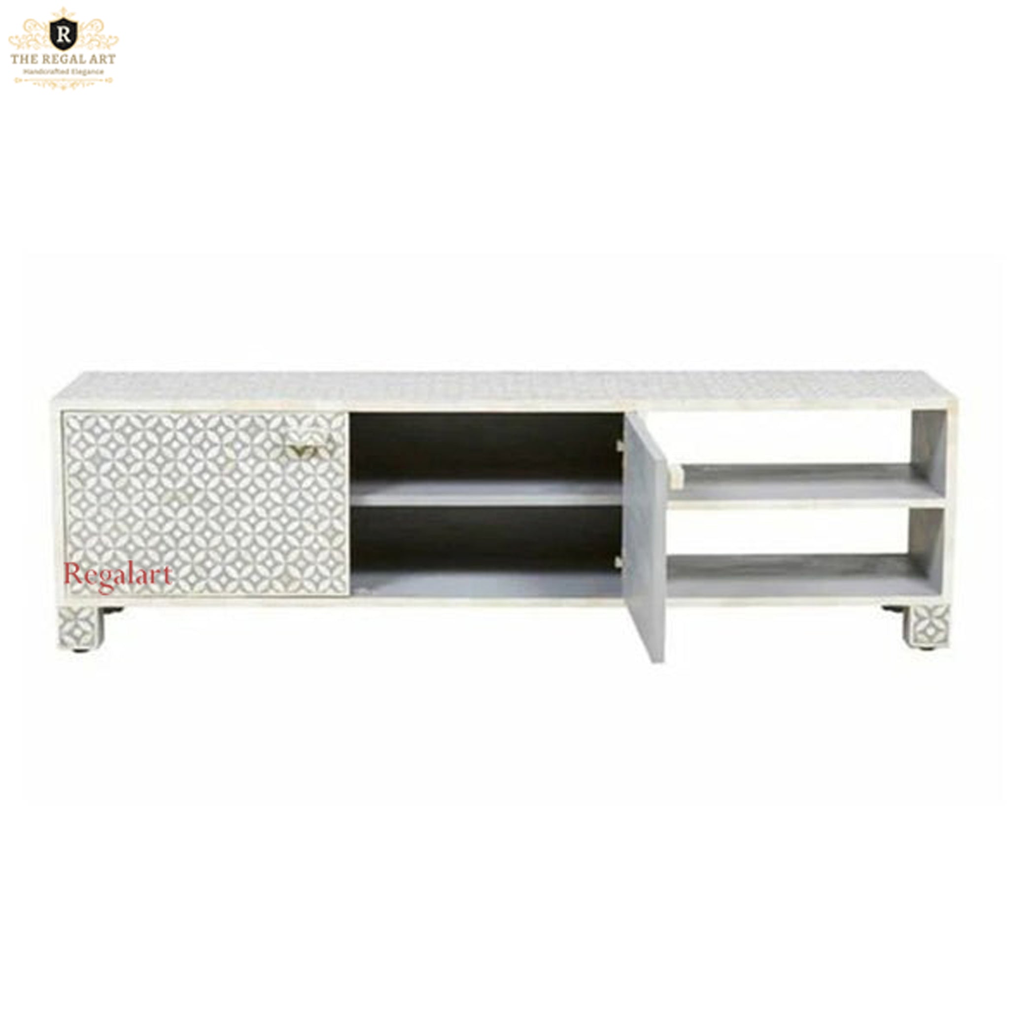 Handmade Bone Inlay TV Unit - Star-Eye Pattern with 2 Doors & 2 Shelves