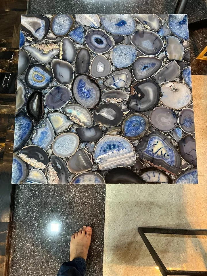 Close-Up of Blue Agate Stone Table Top Showcasing Natural Crystal Texture and Glossy Finish
